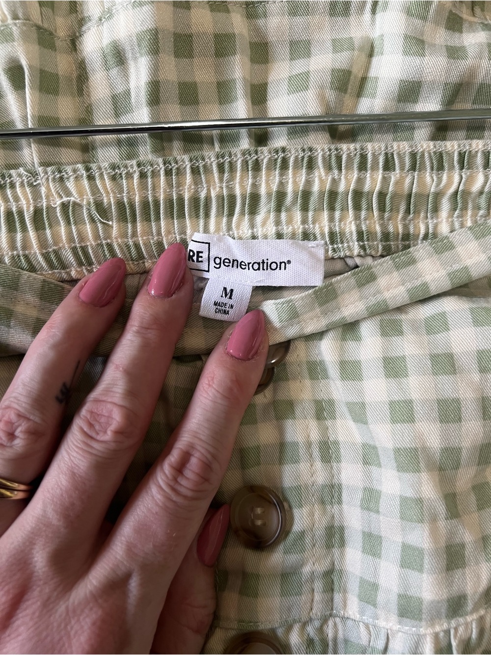 RE generation M Green White Gingham Tiered Button Front Midi Skirt - Picture 2 of 5